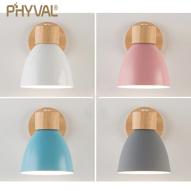 Wooden nordic wall lamp with switch modern sconce for bedroom living room home lighting macaroon 6 color steering head