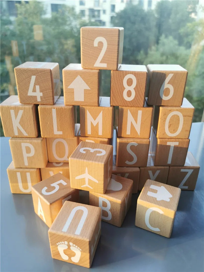 26pcs kids montessori wooden toys big beech alphabet blocks stacking with letter numbers cube bricks early learning - 1