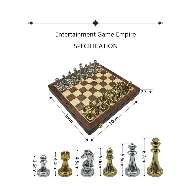 Chessboard excellent retro metal alloy entertainment wooden folding chess pieces game set high quality