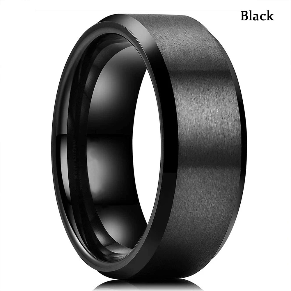 Fashion 8mm men stainless steel ring rose gold color brushed wood inlay rings for women wedding band jewelry birthday