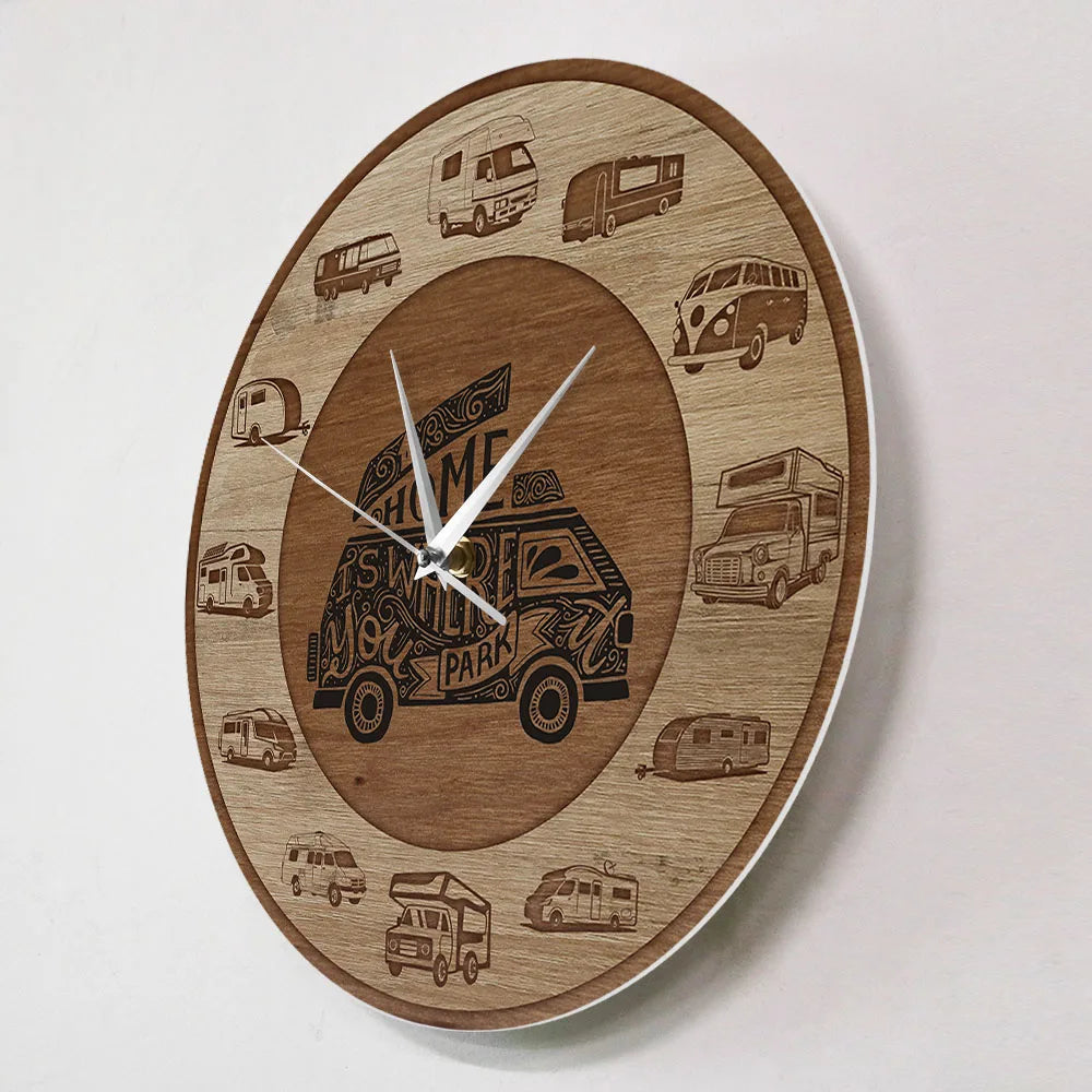 Home is where you park rv recreational vehicles wood texture acrylic print wall clock camper vans motorhome travelling