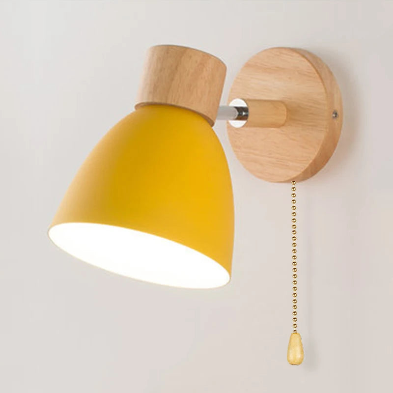 Wooden nordic wall lamp with switch modern sconce for bedroom living room home lighting macaroon 6 color steering head