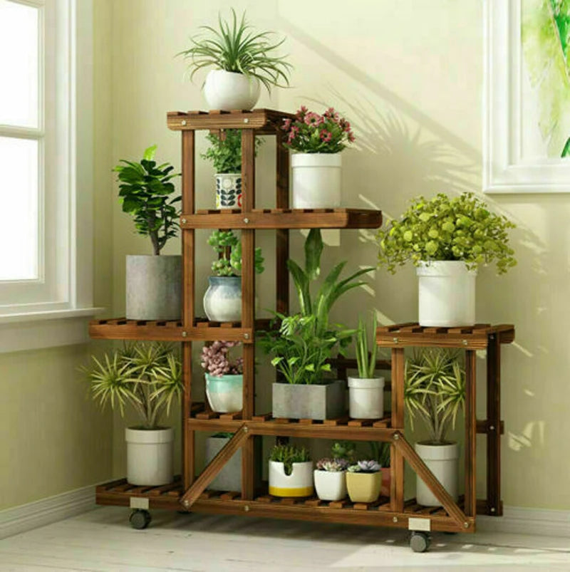 Unho wooden plant stand with wheels multi-layer rolling flower display shelf indoor movable storage rack holder outdoor