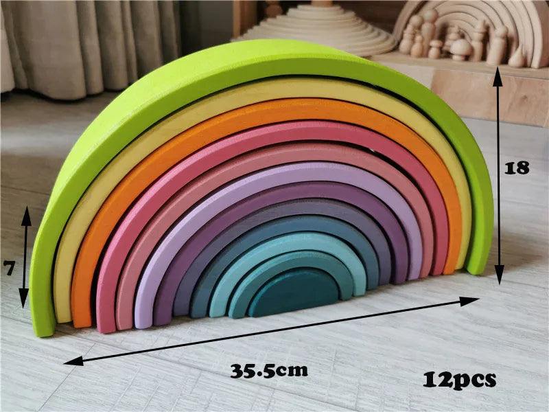 Kids wood rainbow arch stacker pastel building blocks semi-circle balls plate unpaint stacking toys - pastel 12 - game