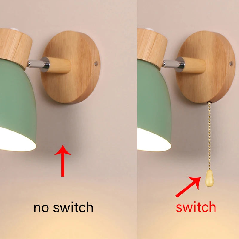 Wooden nordic wall lamp with switch modern sconce for bedroom living room home lighting macaroon 6 color steering head
