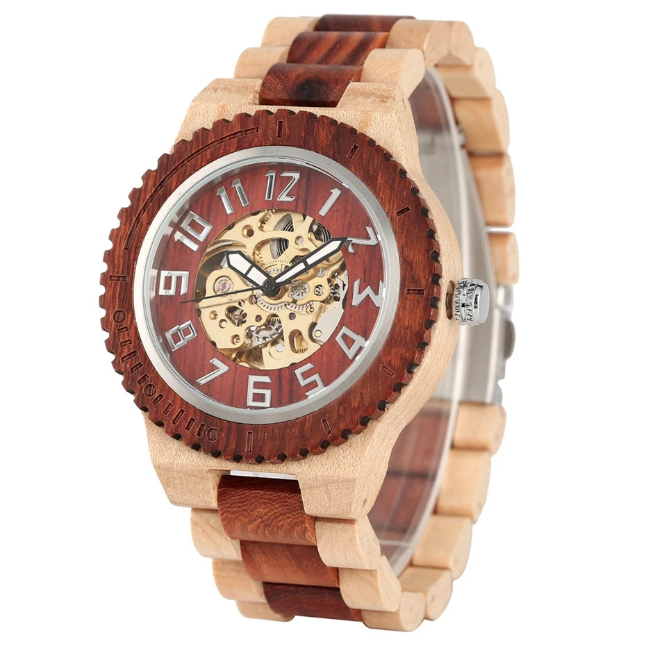 Vintage red wood watch mens automatic mechanical wristwatches wooden band simple round dial luxury relogio masculino