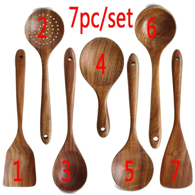 1-7 pieces/set teak tableware spoon colander special nano soup skimming cooking wooden kitchen accessory kit - 7pcs