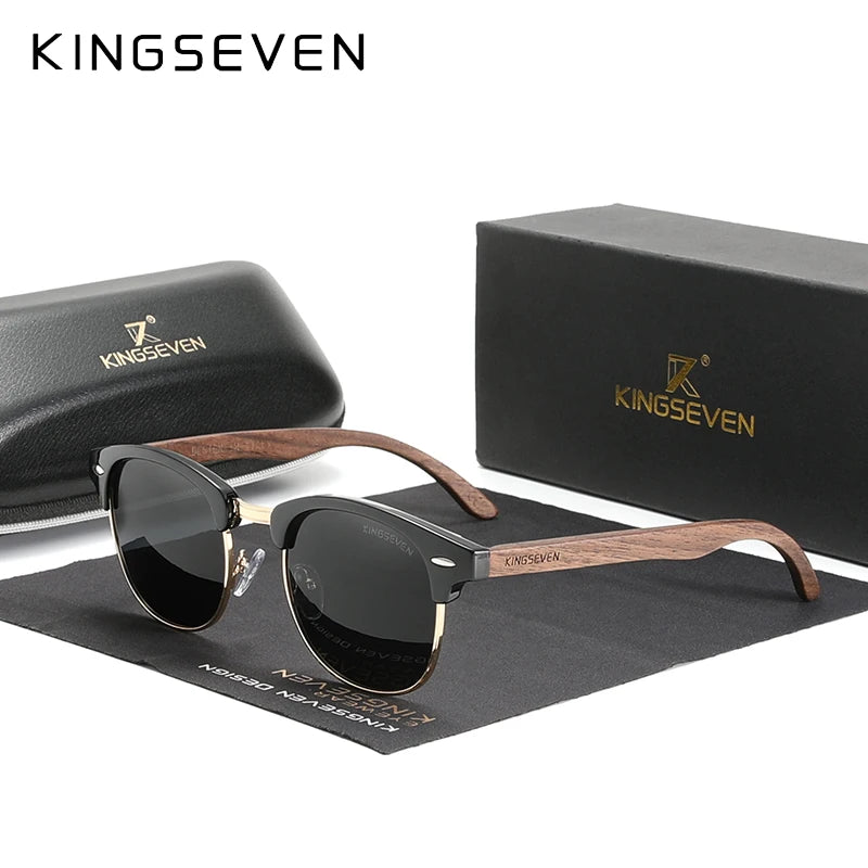 Kingseven handmade 2024 black walnut wooden sunglasses men polarized uv400 protection semi-rimless retro eyewear women
