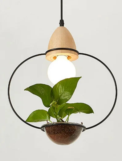 Art deco led plant pendant light with wood base e27 creative rustic pot culture hanging lamp for dining room cafe bar