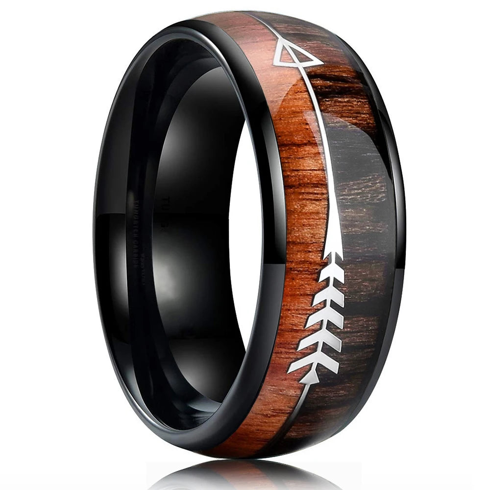 2023 fashion 8mm men black titanium wild life hunting ring koa wood inlay deer family silhouette steel wedding band
