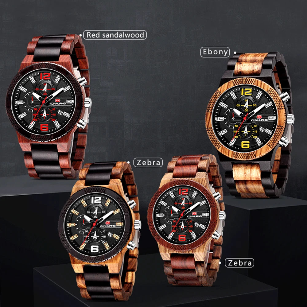Men’s wood watches luxury luminous multi-function wooden watch quartz retro men fashion sport timepieces relogio