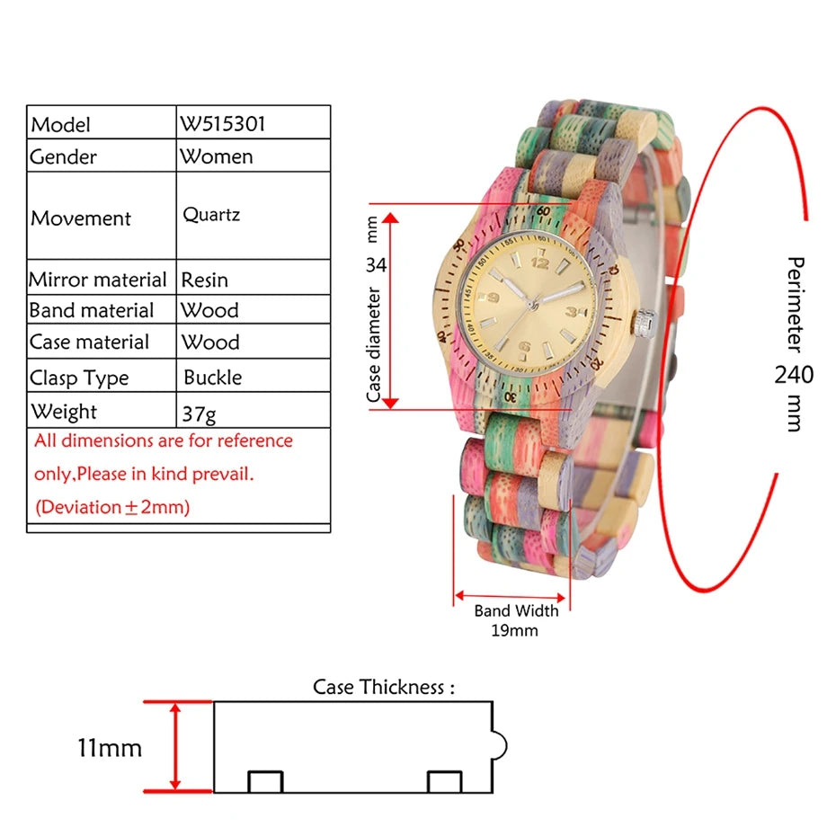 Women wood watch 100% handmade natural colorful bamboo quartz wristwatch design luxury montre bambu dama madera relojes