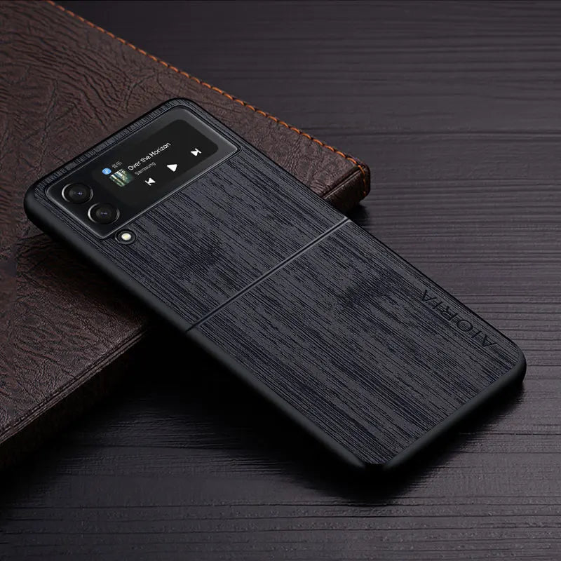 Case for samsung galaxy z flip 3 4 5g flip3 funda bamboo wood pattern leather cover luxury coque galaxy z flip case