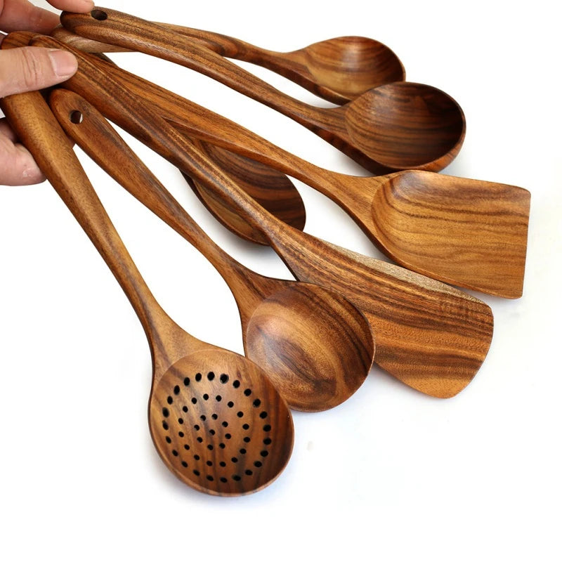 1-7 pieces/set teak tableware spoon colander special nano soup skimming cooking wooden kitchen accessory kit