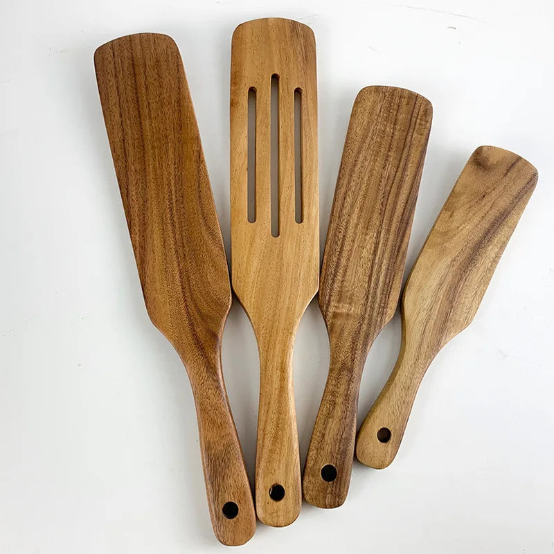 1-5pcs slotted spurtle spatula sets for stirring natural teak kitchen utensil set heat resistant non stick wood