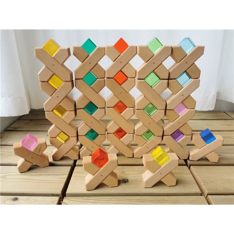 Kids large buidling wood toys x-shapes grids step gables stacking see through diy creative play - game