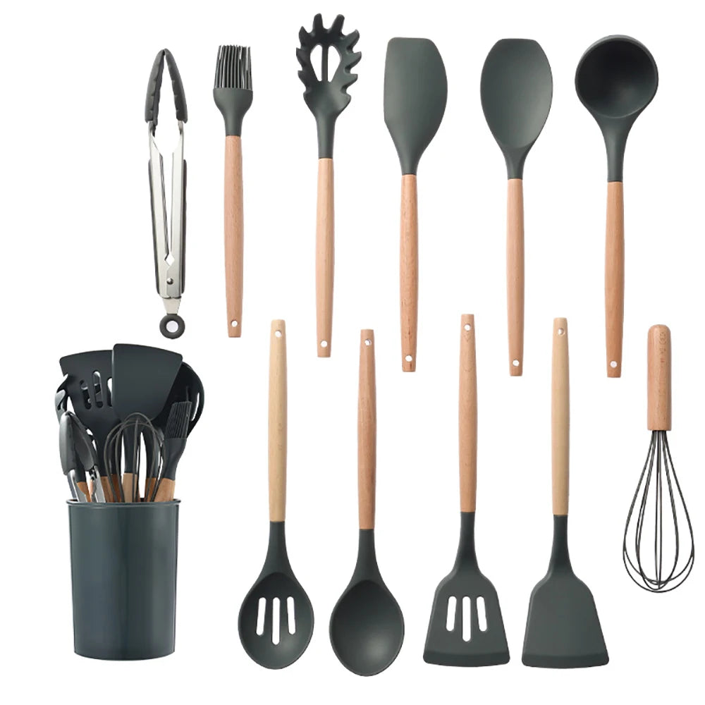 Silicone kitchenware cooking utensils set non-stick cookware spatula shovel egg beaters wooden handle kitchen tool