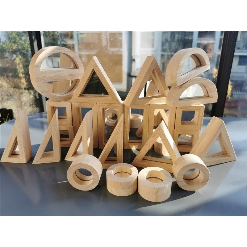 Kids montessori wooden toy sensory rainbow mirror blocks solid rubber wood stacking acrylic building stacker