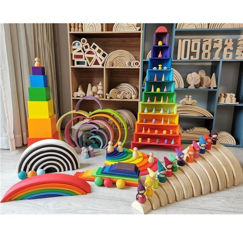 Kids wood rainbow arch stacker pastel building blocks semi-circle balls plate unpaint stacking toys - game