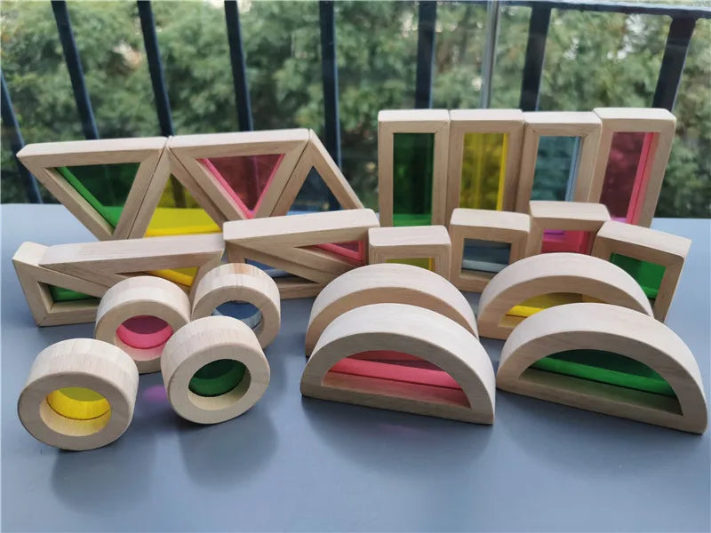 Kids montessori wooden toy sensory rainbow mirror blocks solid rubber wood stacking acrylic building stacker