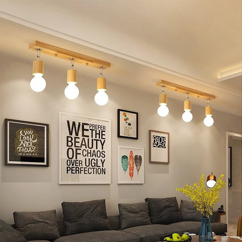Nordic wooden ceiling light rotatable adjustable single three heads lighting living room clothing store led spotlight