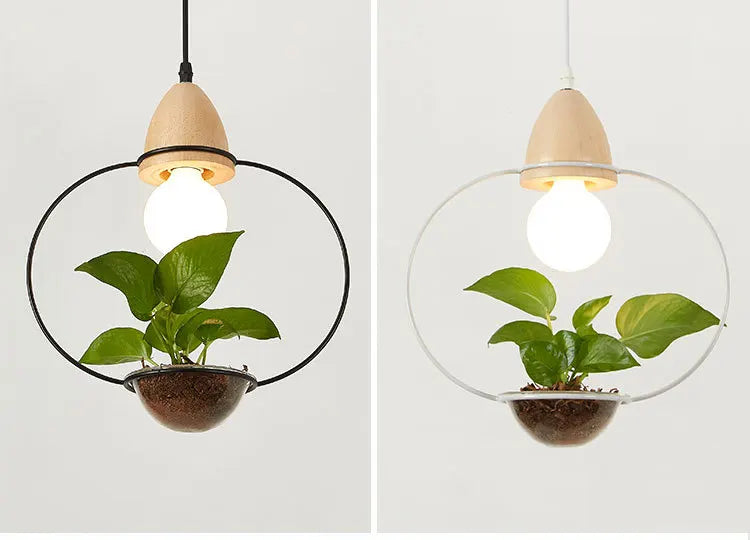 Art deco led plant pendant light with wood base e27 creative rustic pot culture hanging lamp for dining room cafe bar