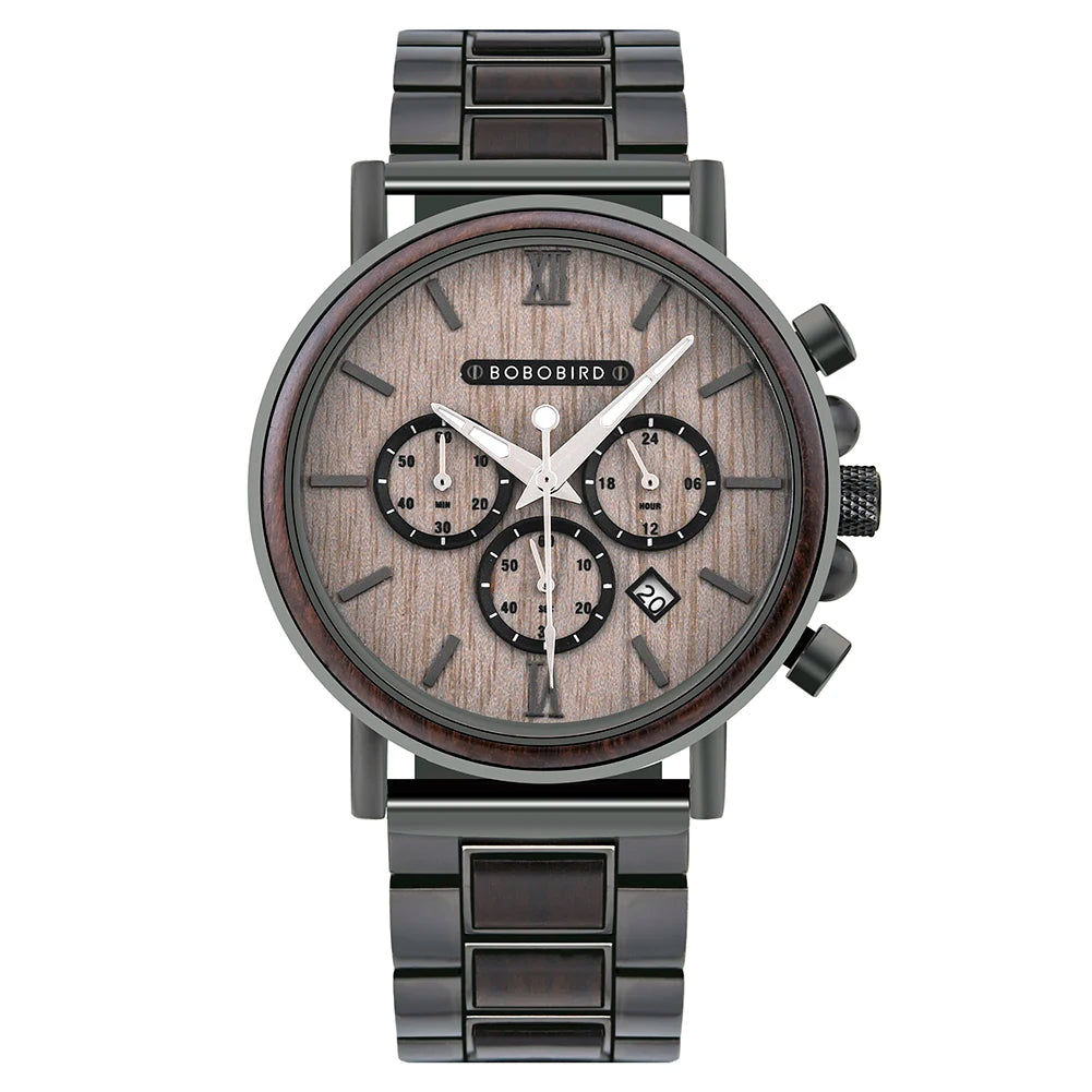 Bobobird luxury men watch top quartz chronograph personalized wristwatch timepiece metal wooden strap gift box relogio