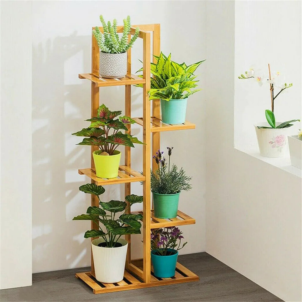 Bamboo 5 / 6 tier plant stand rack multiple flower pot holder shelf indoor outdoor planter display shelving unit