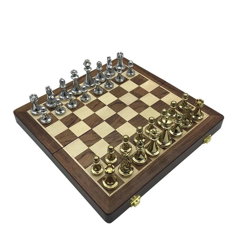 Chessboard excellent retro metal alloy entertainment wooden folding chess pieces game set high quality