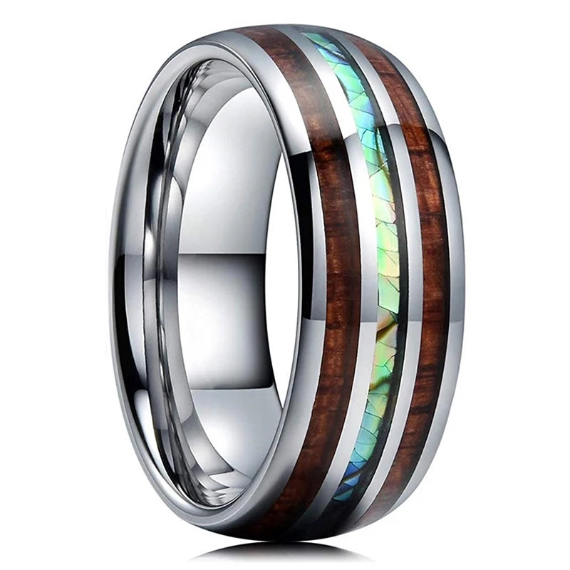 8mm men’s rose gold color stainless steel rings hawaiian koa wood and abalone shell opal inlay ring wedding band jewelry