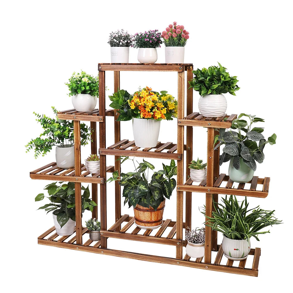 Multi-tiered plant stand 9 tier carbonized wood flower rack display indoor