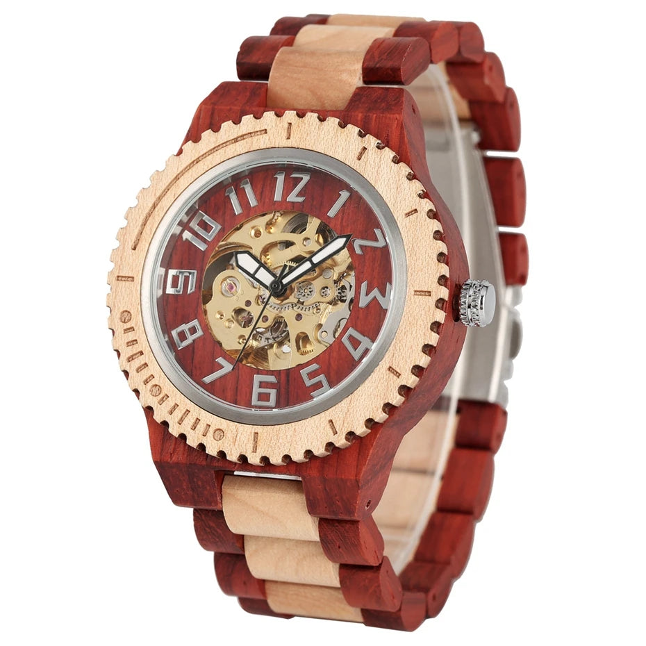 Vintage red wood watch mens automatic mechanical wristwatches wooden band simple round dial luxury relogio masculino