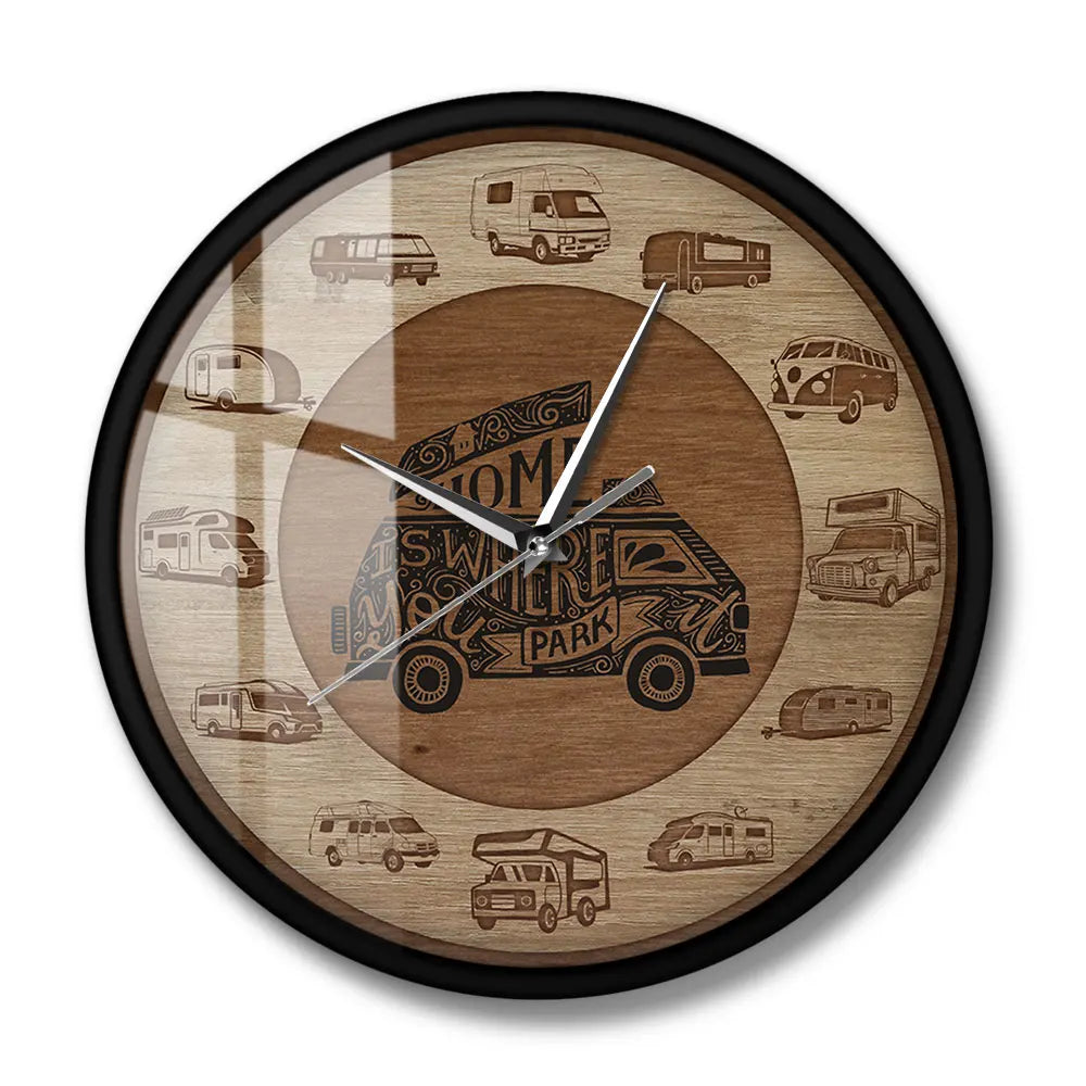 Home is where you park rv recreational vehicles wood texture acrylic print wall clock camper vans motorhome travelling