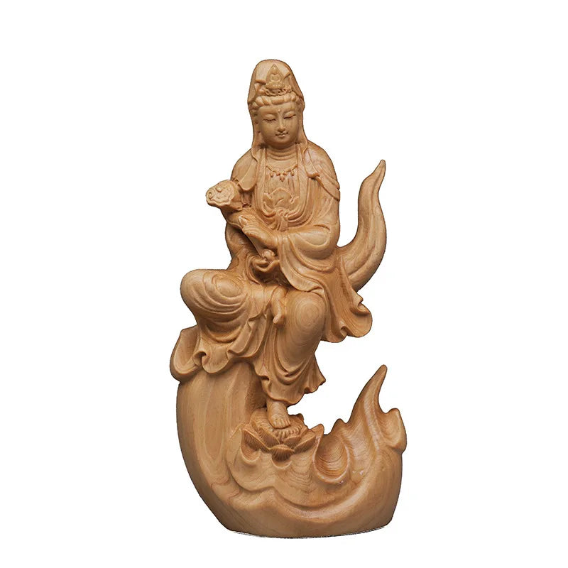 Natural cypress guanyin decorative figures statue solid wood carved chinese buddha statues home room office feng shui