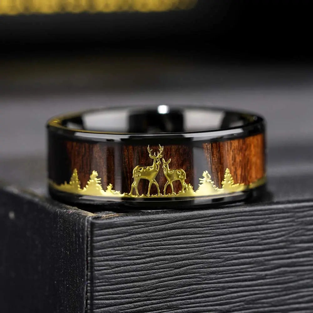2023 fashion 8mm men black titanium wild life hunting ring koa wood inlay deer family silhouette steel wedding band