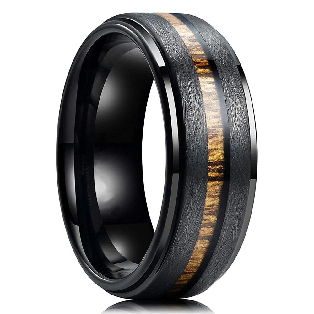 Fashion 8mm men stainless steel rings black brushed deer antler and koa wood for wedding band jewelry wholesale