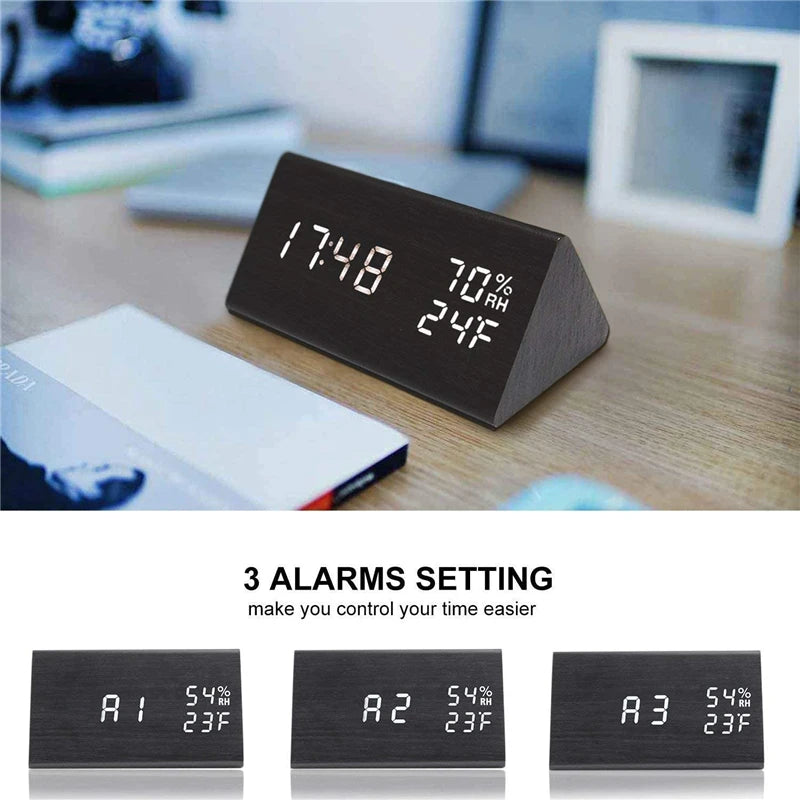Wooden alarm clock led time display usb charger humidity and temperature detection digital for bedside table