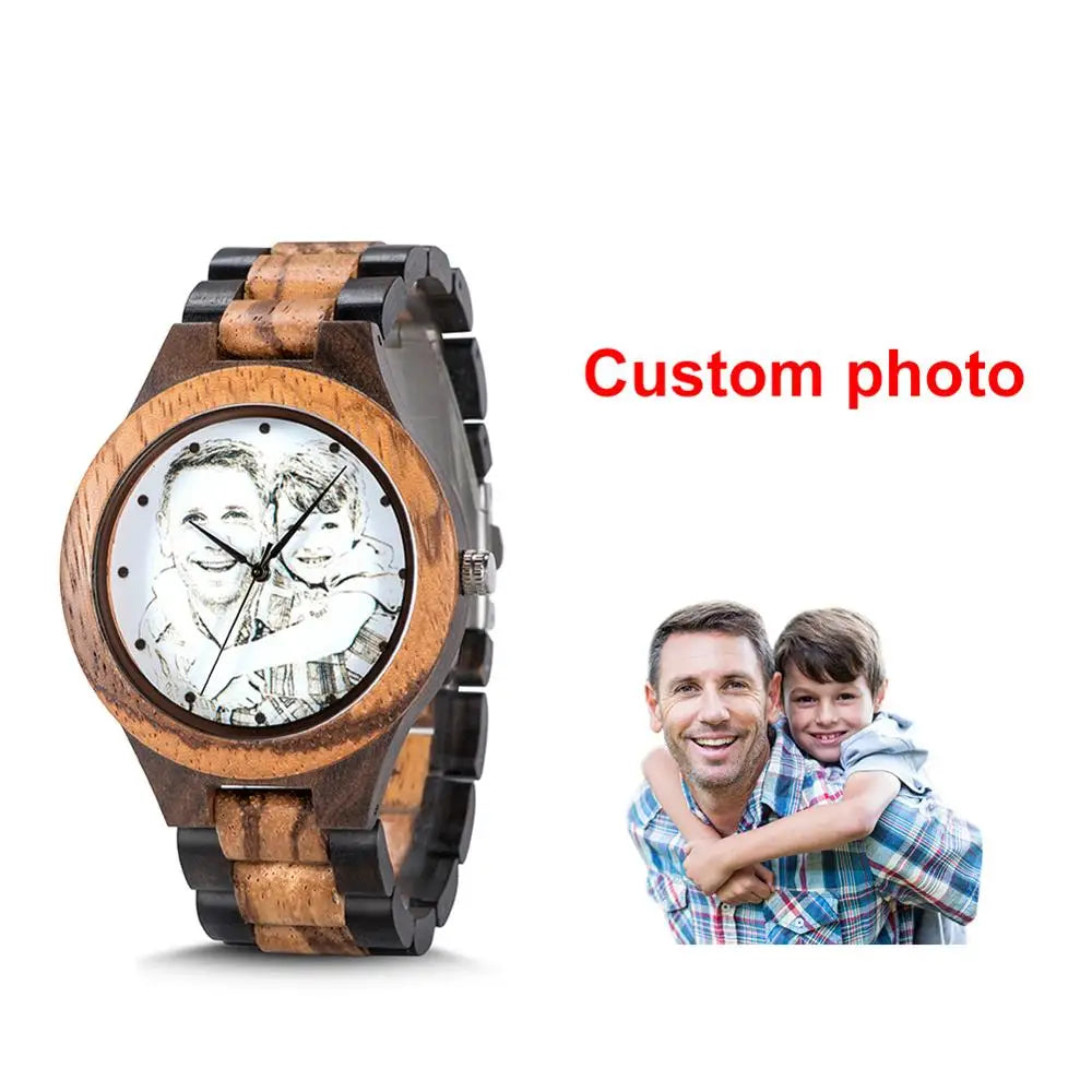 Custom logo printing photo men watch unique bamboo wood engrave picture wristwatch anniversary christmas father’s day