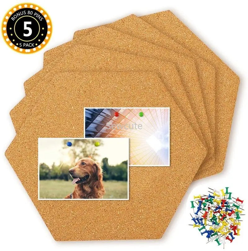 4pcs multifunction cork board self-adhesive office home wood photo background hexagon stickers wall message drawing