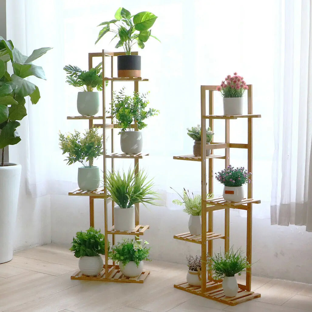 Bamboo 5 / 6 tier plant stand rack multiple flower pot holder shelf indoor outdoor planter display shelving unit