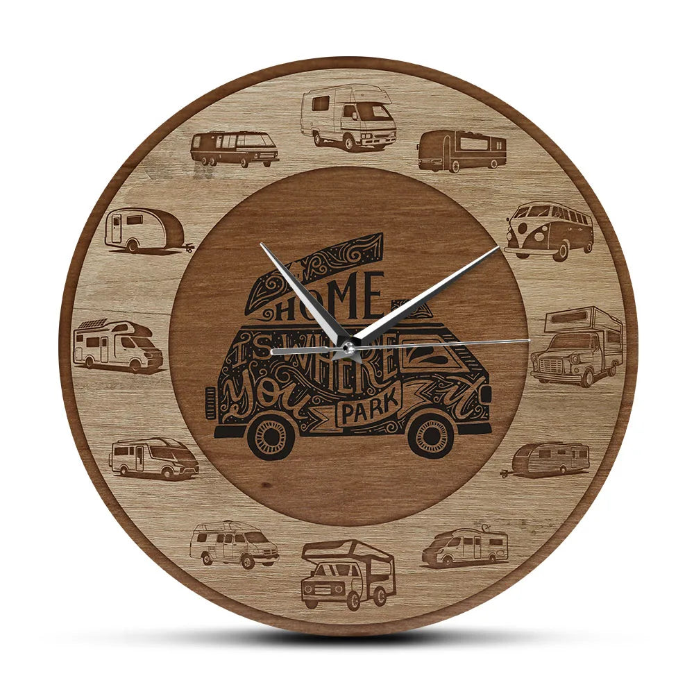 Home is where you park rv recreational vehicles wood texture acrylic print wall clock camper vans motorhome travelling