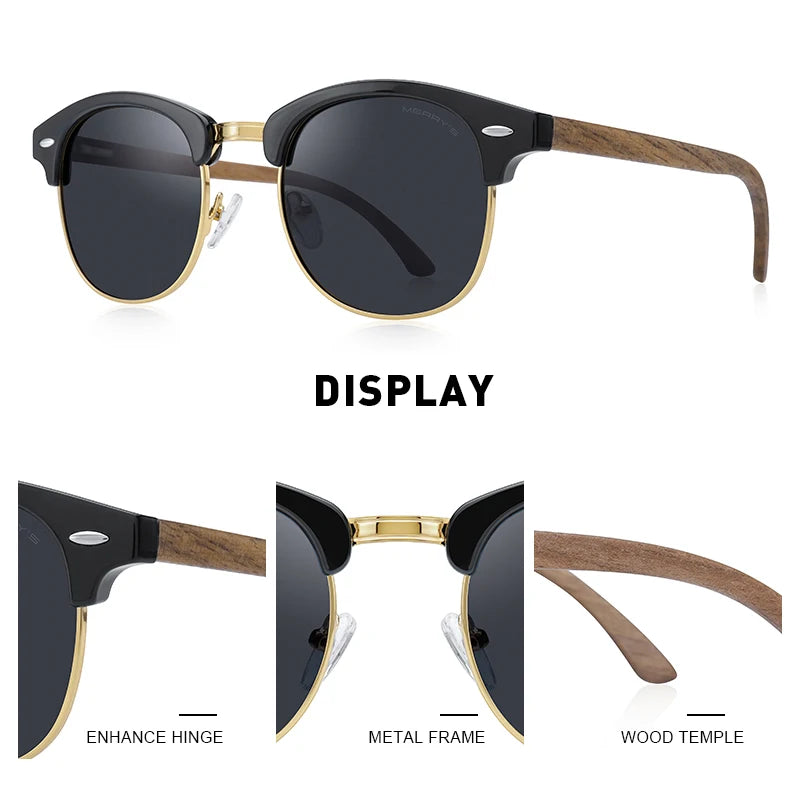 Merrys design classic wooden sunglasses for men women polarized uv400 protection semi-rimless retro eyewear handmade