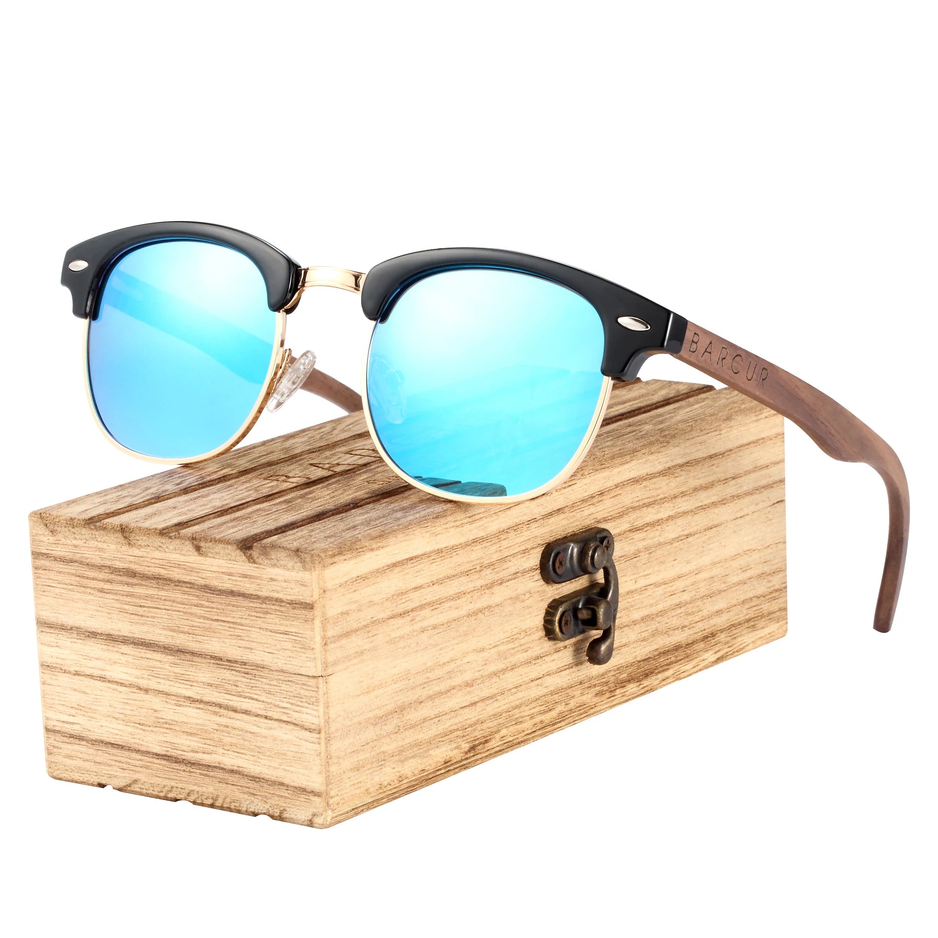 Barcur classic black walnut wood sunglasses men polarized sun glasses women handmade eyewear oculos - sky blue box