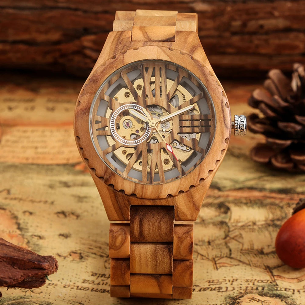 Luxury roman digital wooden men’s automatic mechanical hand wind watch casual fashion trend accessories - wood watch