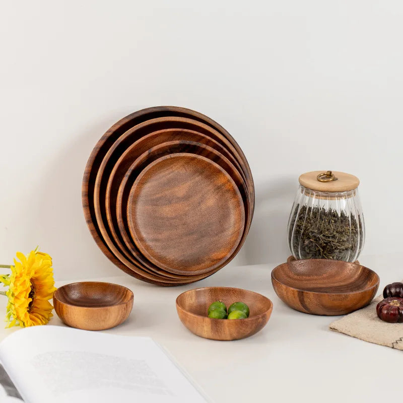 Japanese solid wood round fruit dish household dim sum salad baby fall proof wooden bowl whole thickened - 24x4.5cm