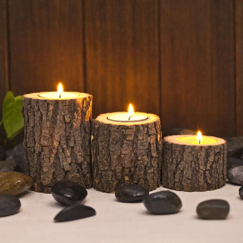 Set of 3 vintage wooden candle holders tree stump-shaped scented base home/wedding/holiday decor - united states