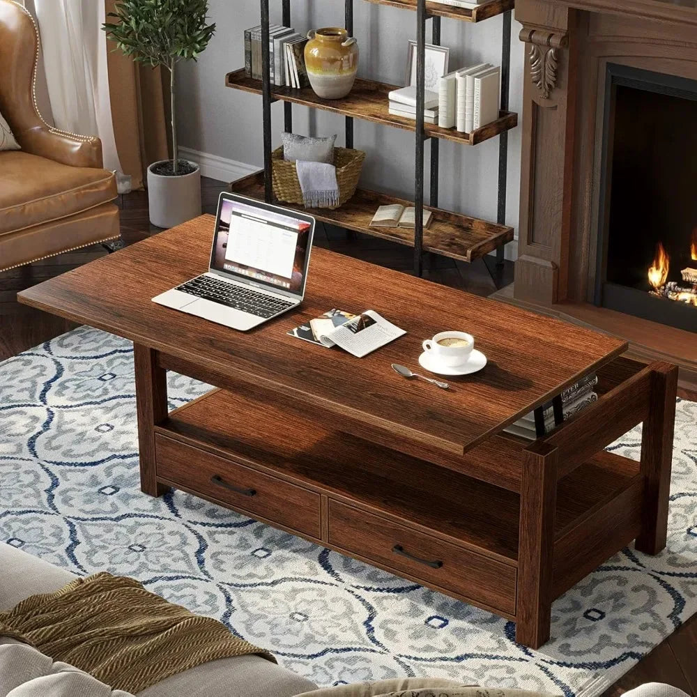 Coffee table 47.2’’ lift top with drawers and hidden compartment retro central wooden tabletop - espresso 47.2 / united