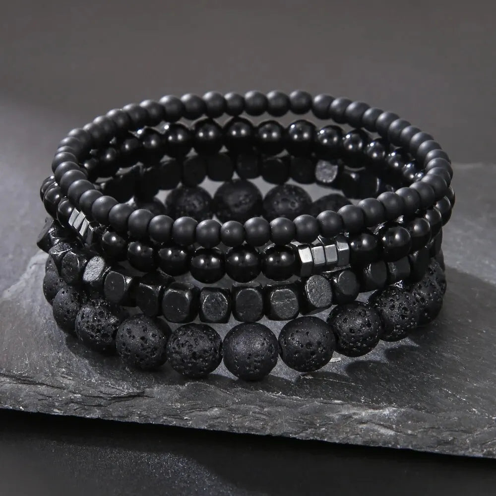 4pcs/set black gall stone volcanic wood beads multi-layer men’s combination elastic bracelet for couple friends jewelry