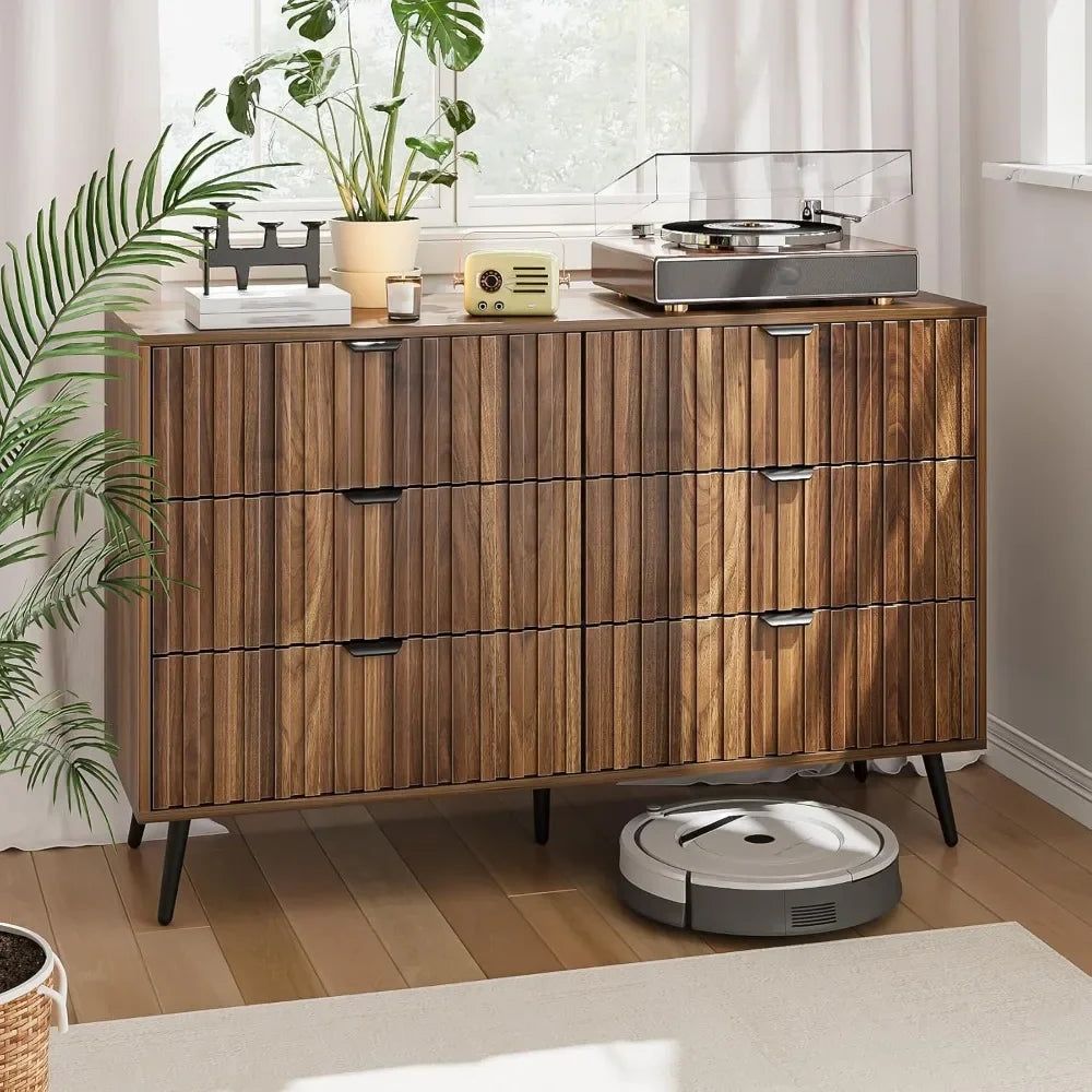 6 drawer dresser for bedroom 47.2’’ w walnut chest of drawers with fluted panel modern double closet wooden tv sta