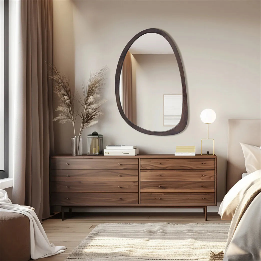 Wall mirror decorative irregular industrial with black walnut wood frame for living room bedroom bathroom entryway